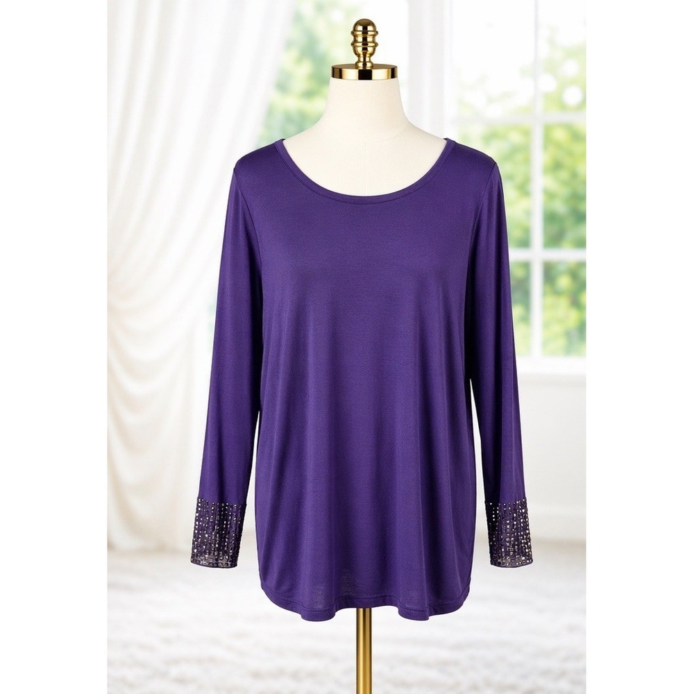 New By Artisan Woman Popover Tunic Top 1X Deep Purple Embellished Sleeves Flowy
